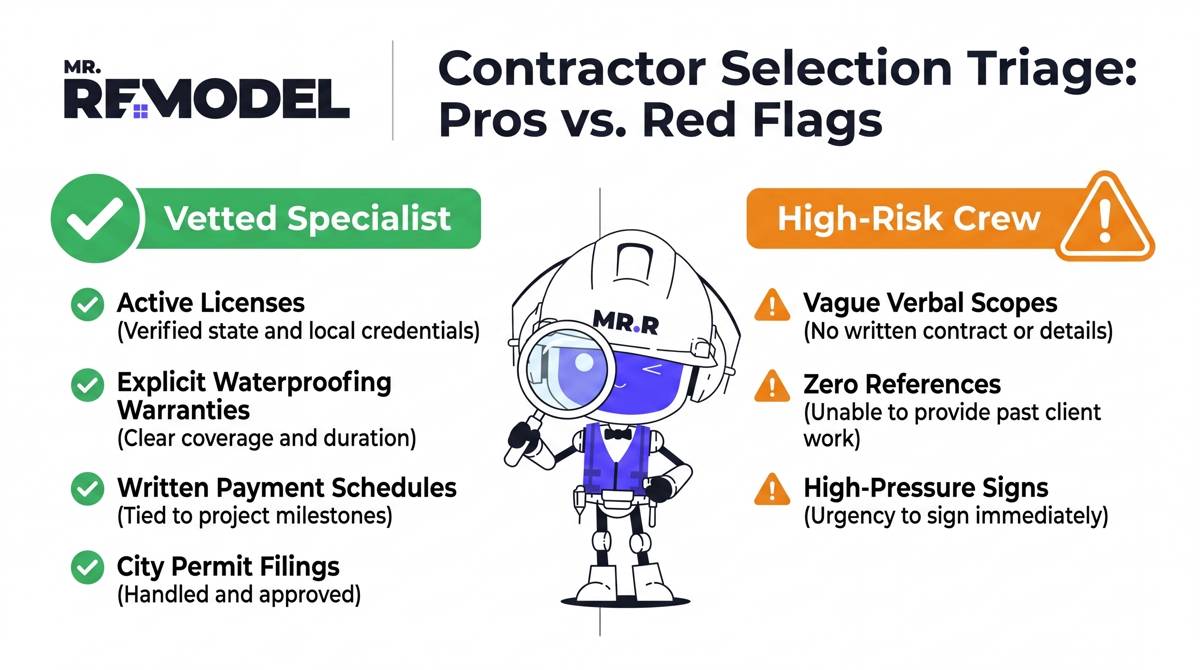 A contractor vetting checklist contrasting the professional standards of certified wet-area specialists against common home improvement warning signs.